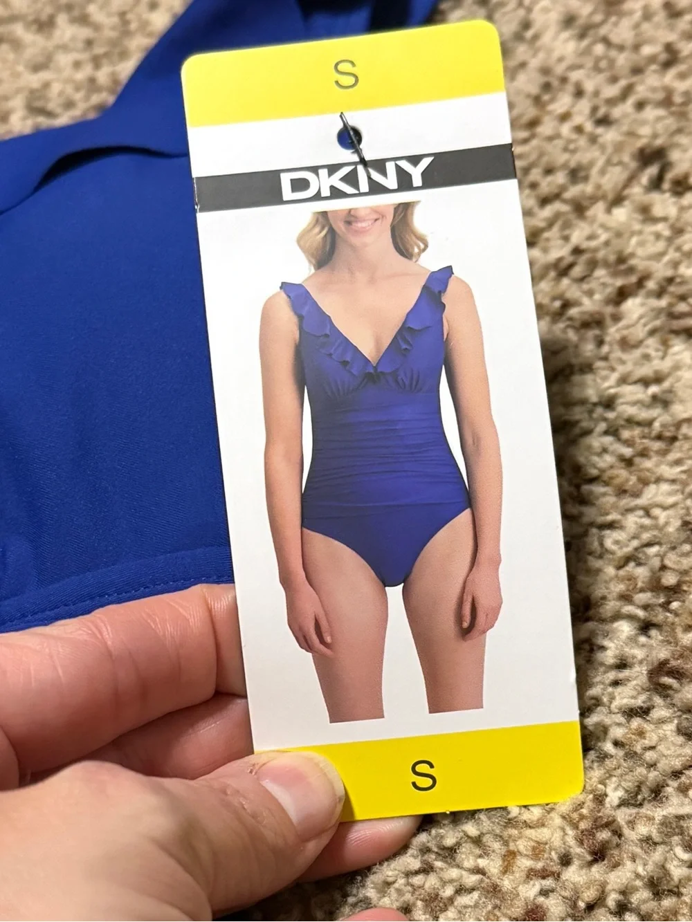 DKNY Blue Ruffle One-Piece Tummy Control V Neck Swimsuit Womens S NWT - Picture 2 of 8
